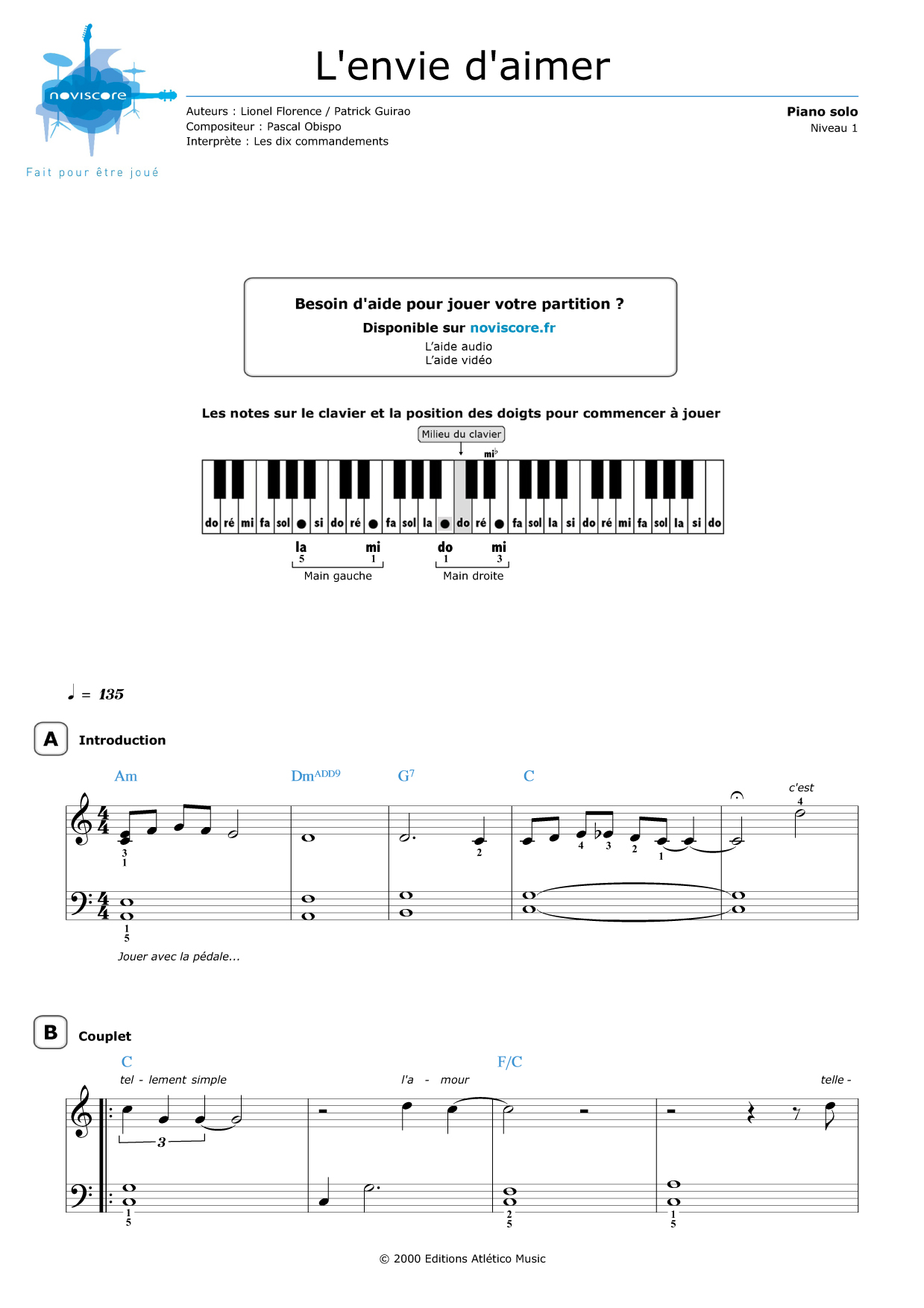 Piano Sheet Music L Envie D Aimer Les Dix Commandements Noviscore