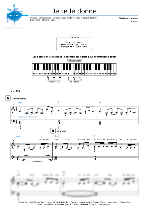 Arranger Keyboard Je Te Le Donne Vitaa Slimane Noviscore Sheets