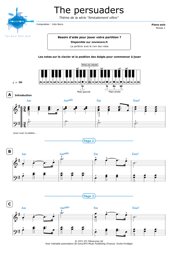 Piano Sheet Music The Persuaders John Barry Noviscore Sheets