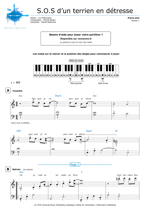 Piano Sheet Music S O S D Un Terrien En D Tresse Daniel Balavoine